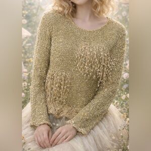 Women Medium Fairy Gold Crinkle Blouse Fringe Boho Beaded Whimsical Glam Bydeep